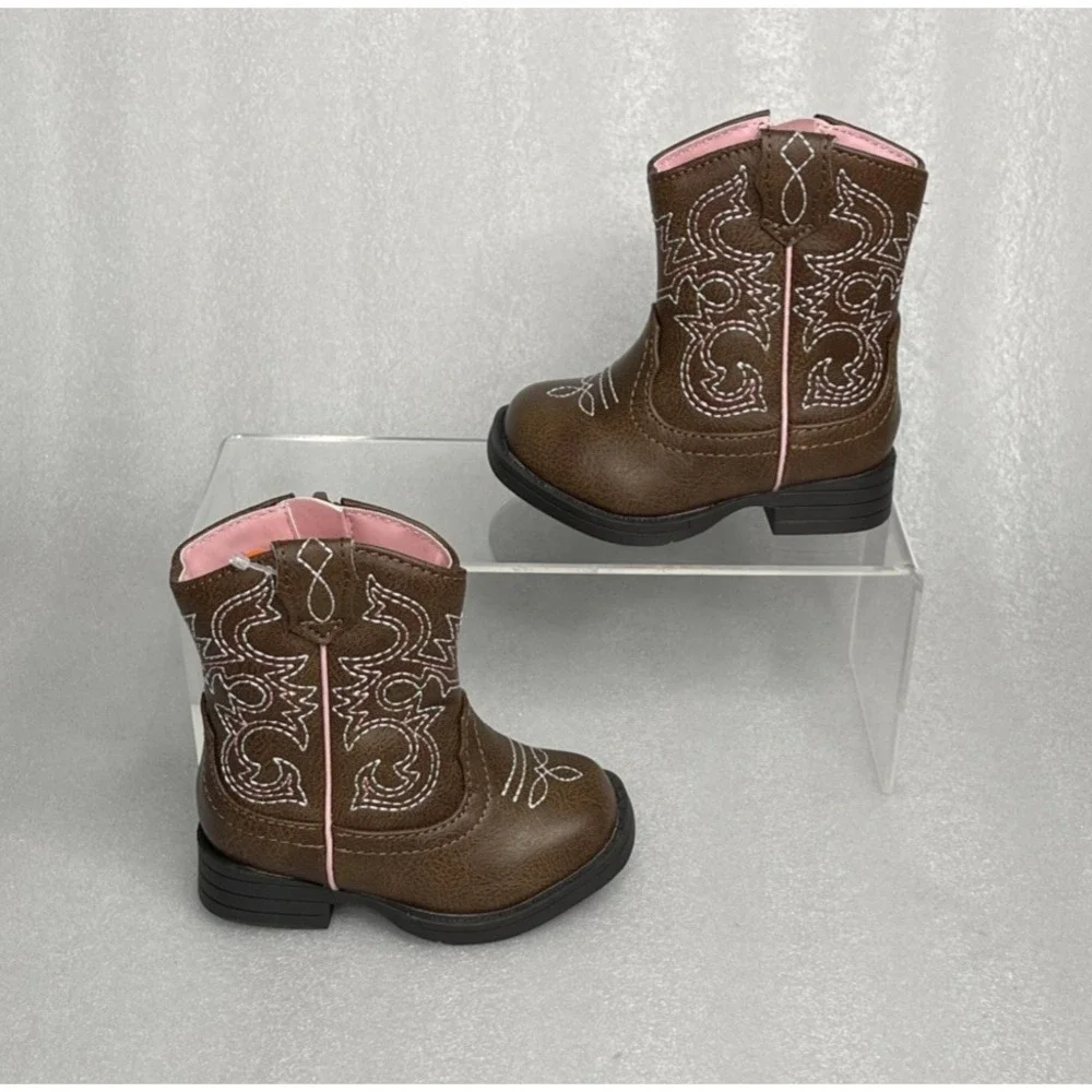 Wonder Nation Brown Zip up Square Toe Cowboy Cowgirl Boots Baby Girls Size 3